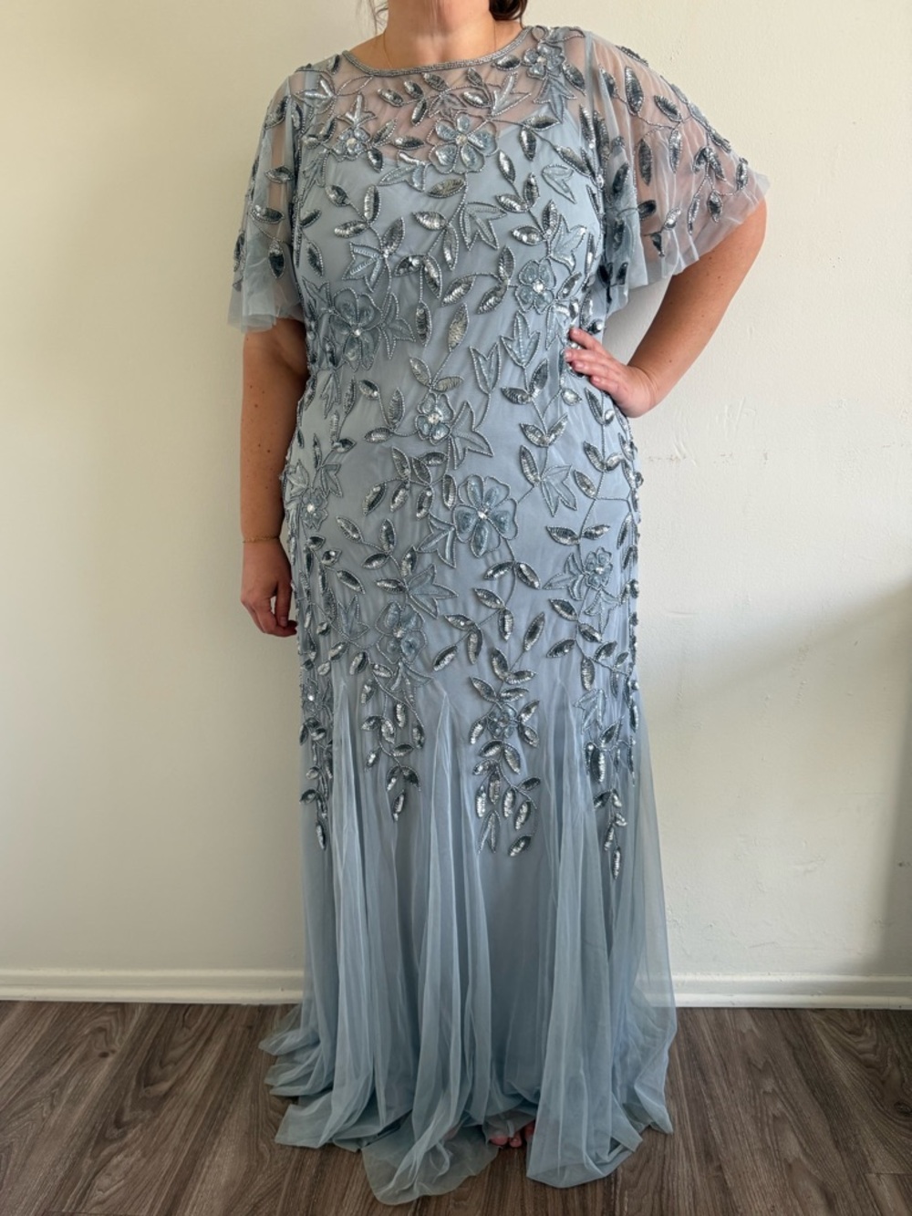 Adrianna Papell Powder Blue Beaded Tulle Evening Gown